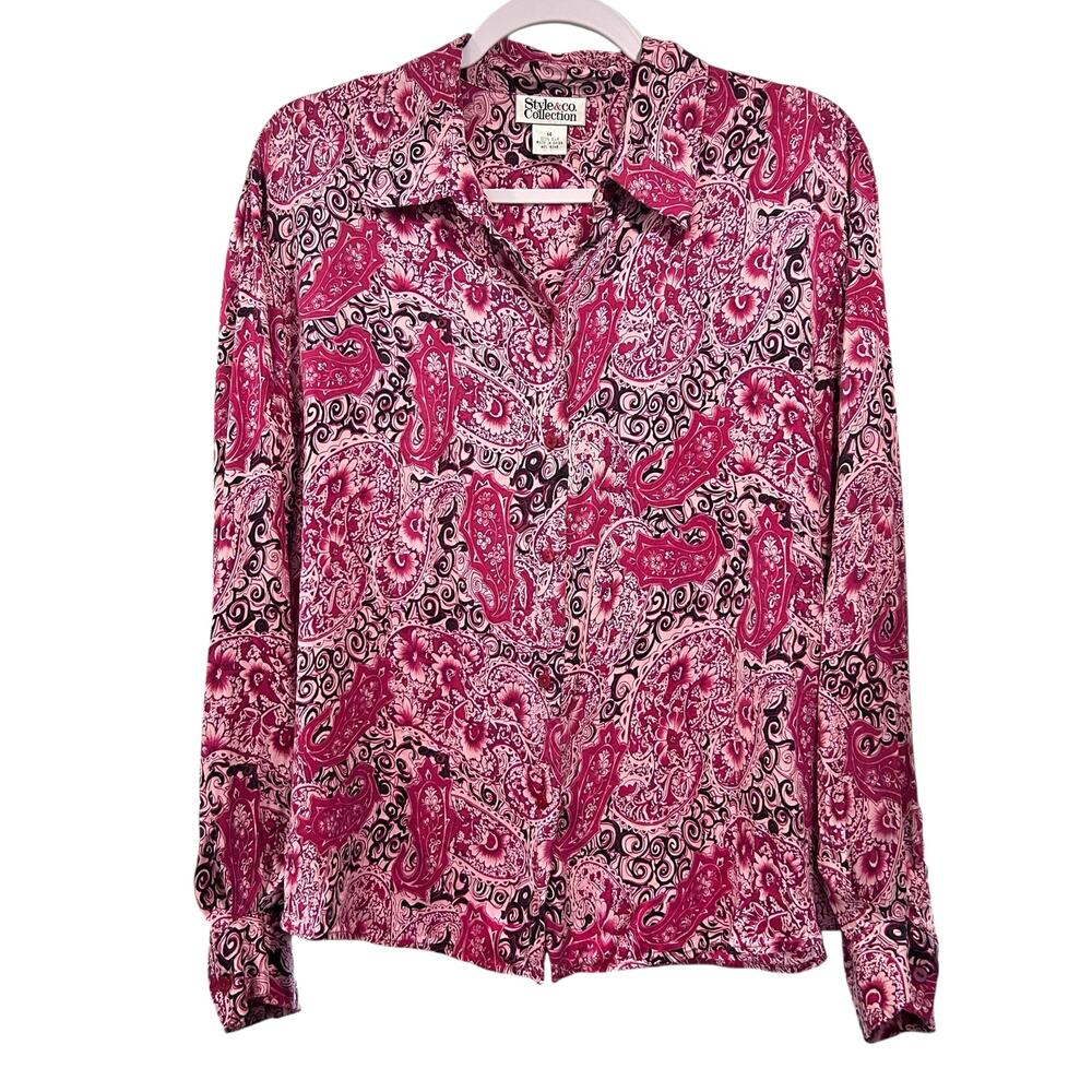 Style & Co Wild Paisley 100% Silk French Fairy Blouse Upscale Top Sz 14 Cottage